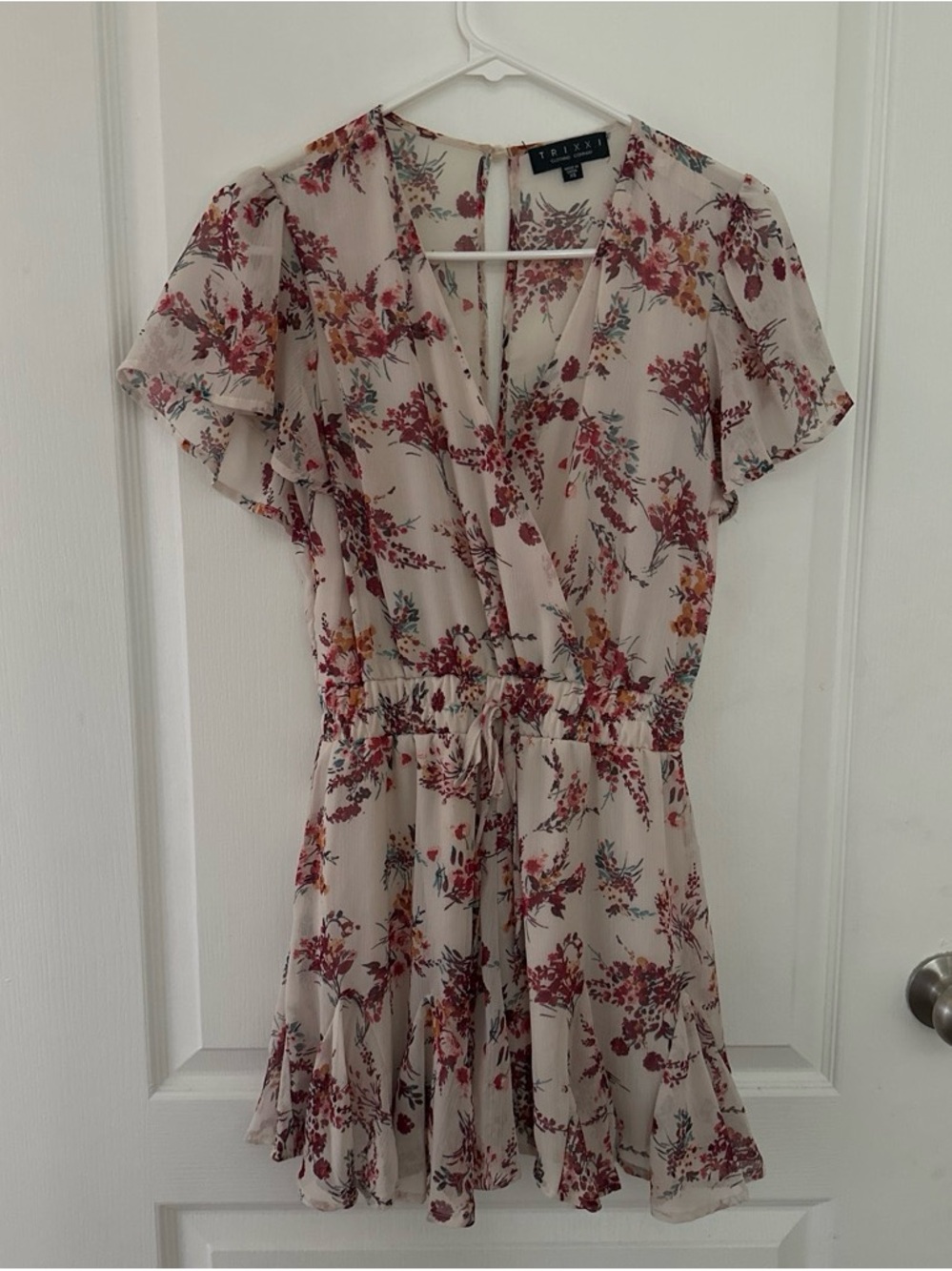 Trixxi Beige Floral Surplice Mini Dress with Pink & Red Accents
